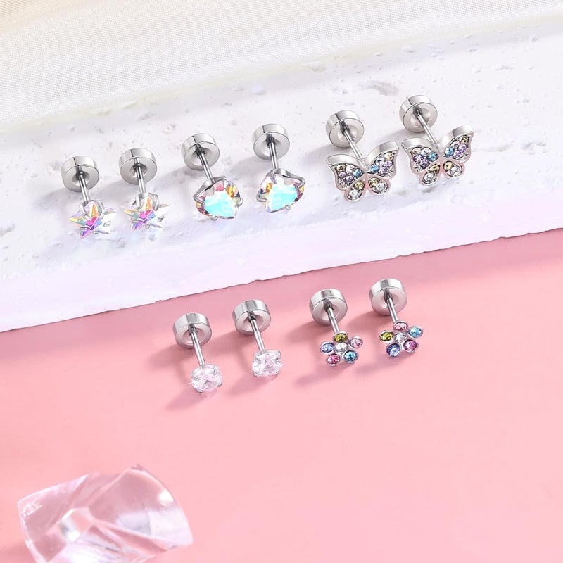 DALI Hypoallergenic Earrings for Girls,Toddler Screw Back Earrings for Kids Baby Women,Lightweight Surgical Steel Cute Pink Bow Butterfly Heart Flower CZ Flat Back Stud Earring for Sensitive Ears - Image 4